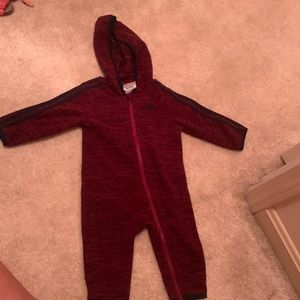 Fleece Adidas hooded outfit. Maroon and trimmed in navy. 9months